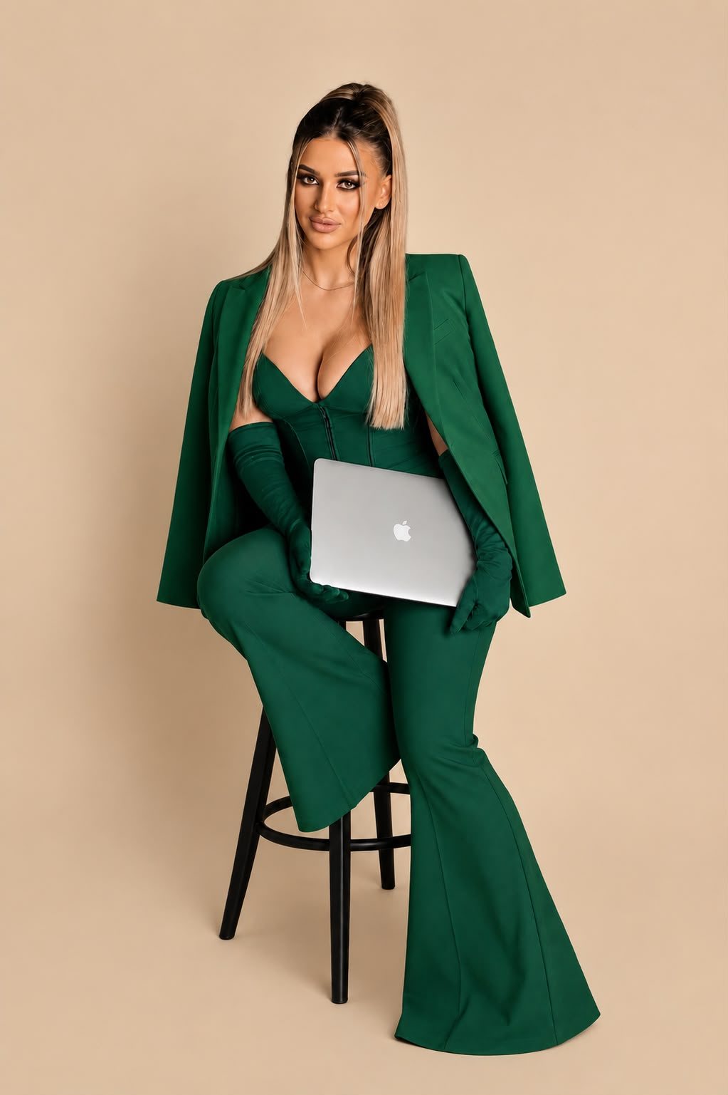 Alexandra Mîrzea în costum verde, cu un laptop pe genunchi